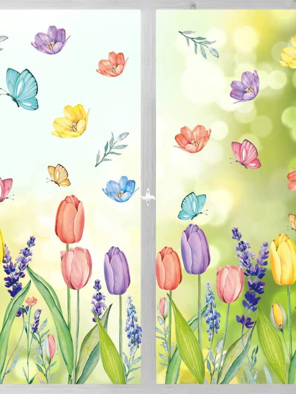 67 PCS Spring Summer Window Cling Sticker, Tulip Butterfly Flower Decal for Home